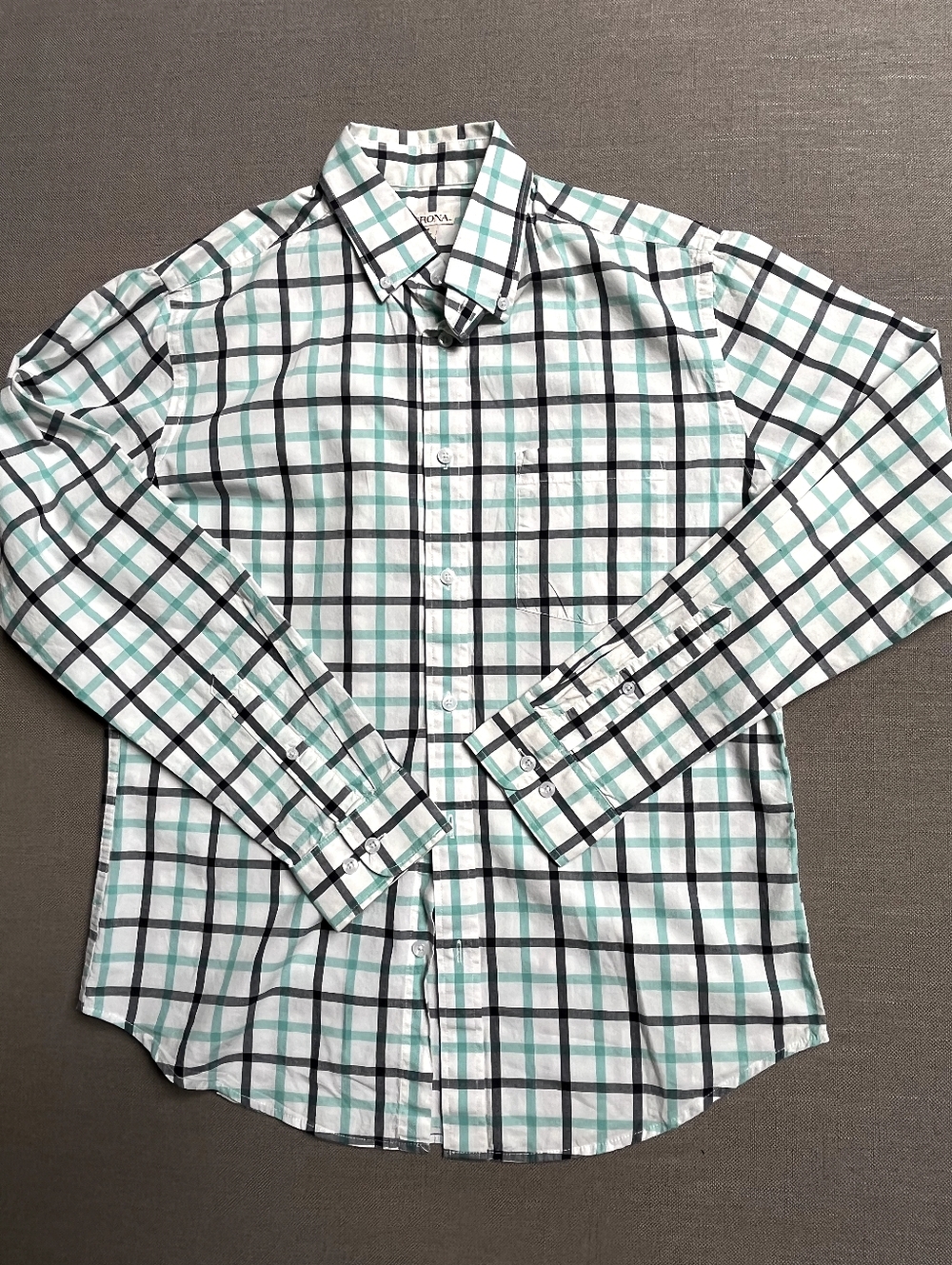 Merona Men's Button-Up Plaid Shirt - White with Teal and Black, Size M